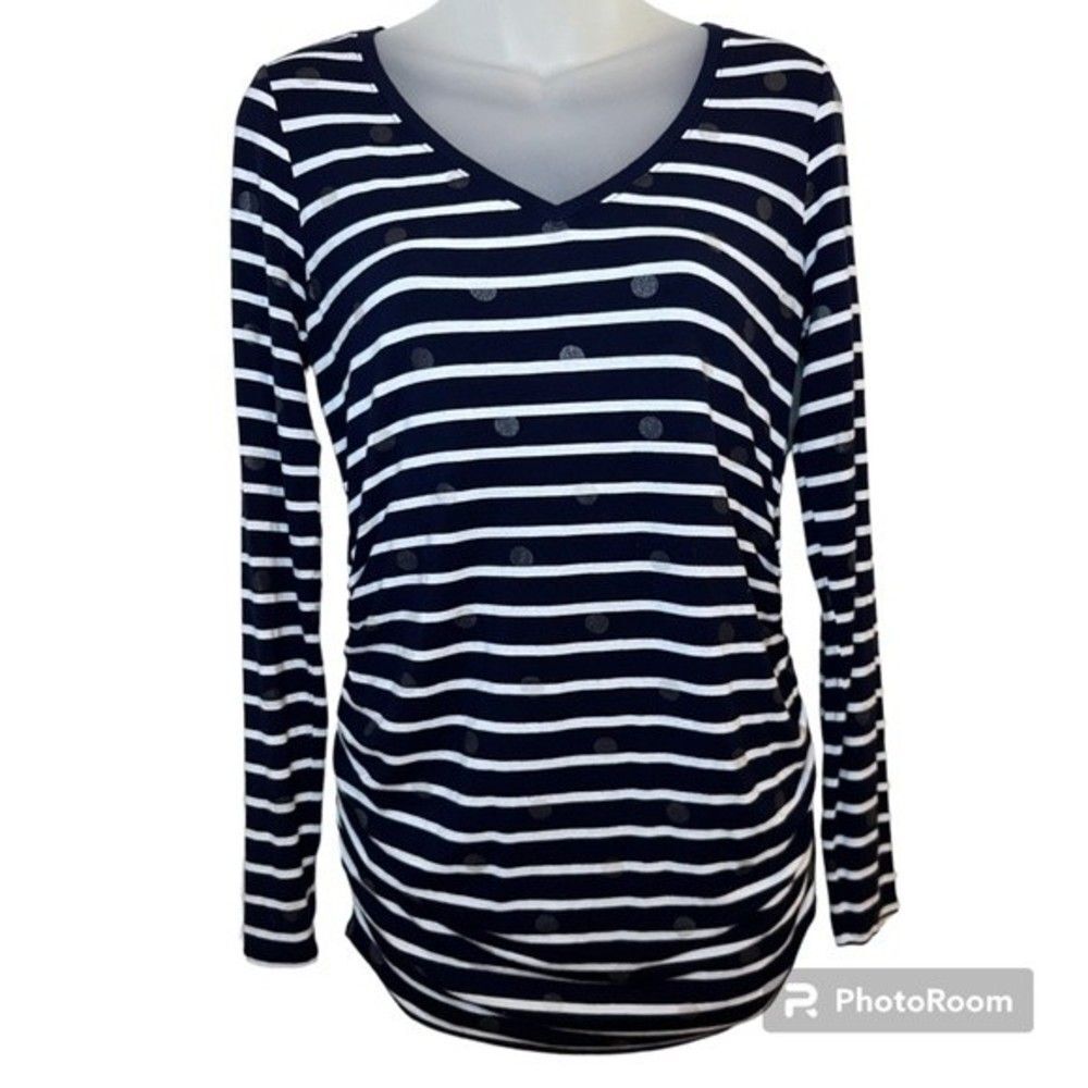 Motherhood Maternity Navy and White Striped Long Sleeve V-Neck Tee Size Small